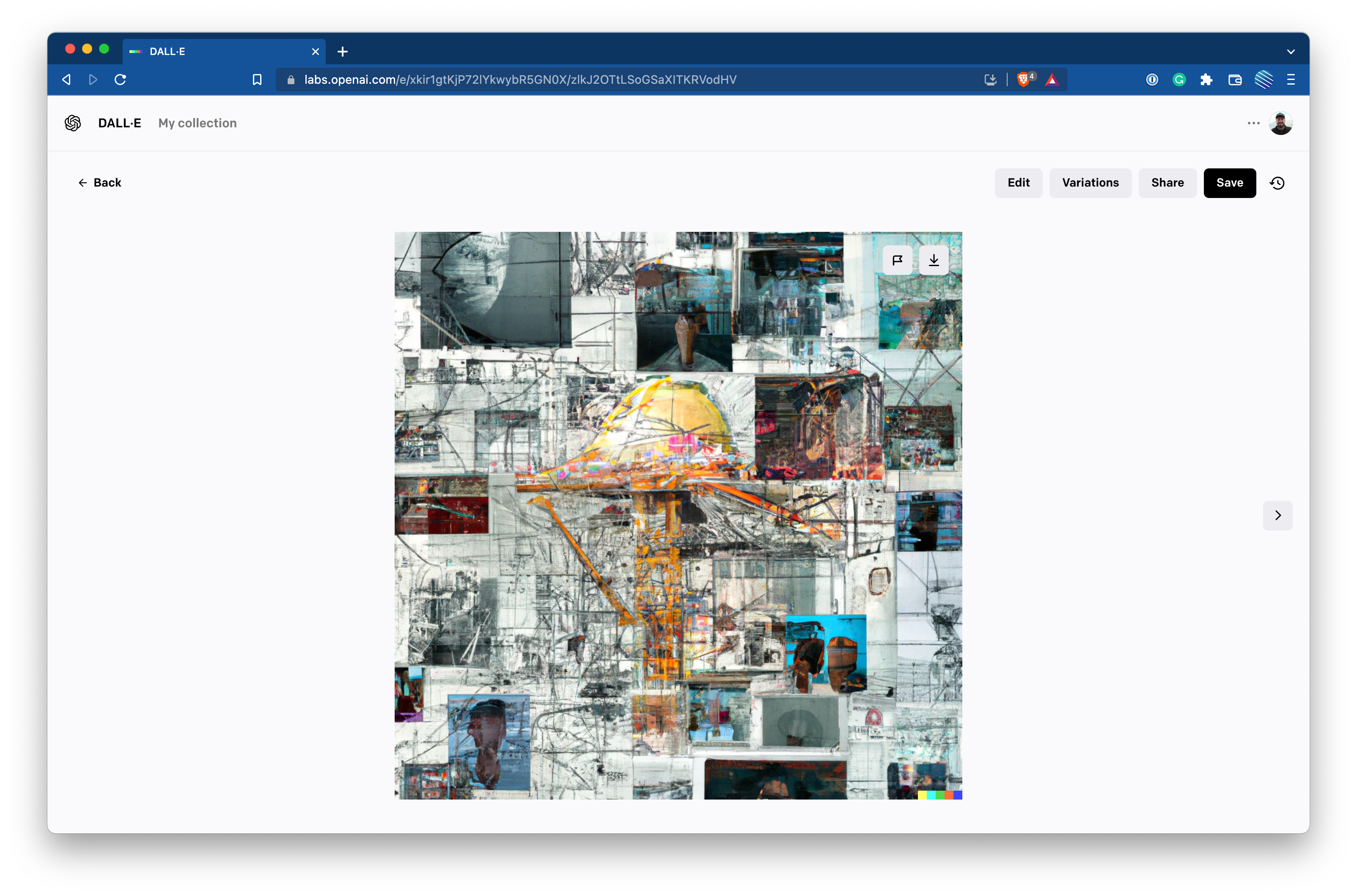 A screenshot of DALL·E 2 showing a single image that's an orange mushroom-like shape surrounded by abstract photos and connected like a blueprint