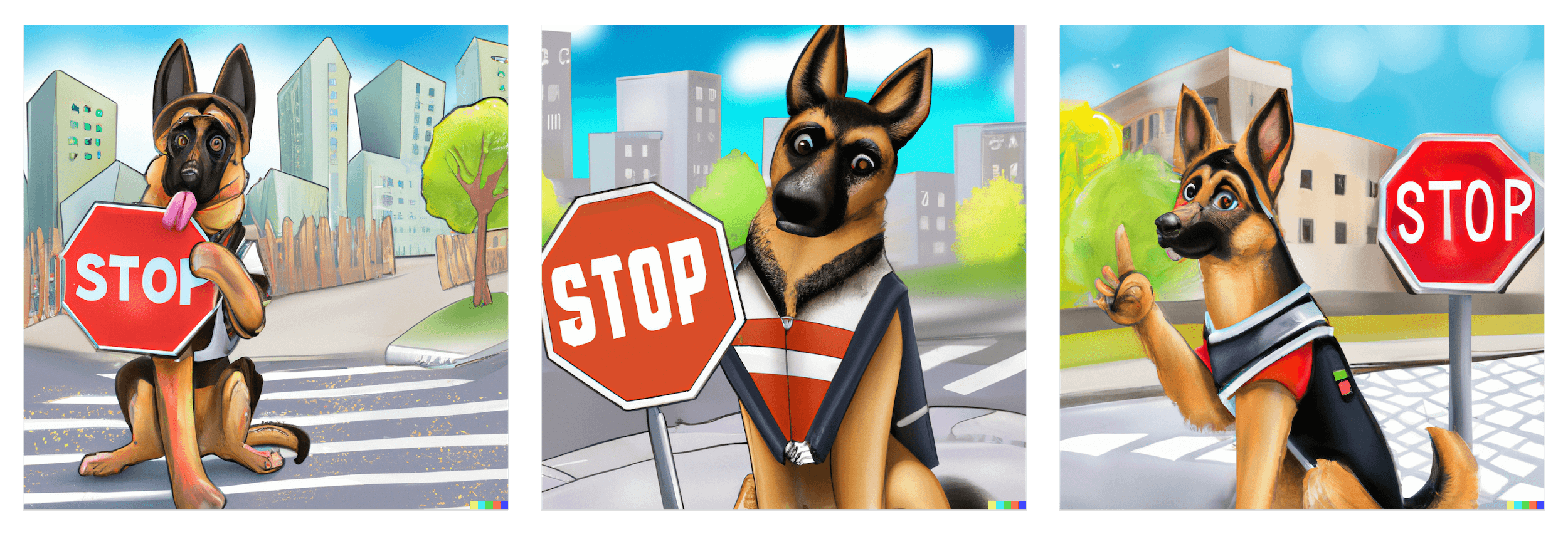 Three digital drawings of a german shepherd dog, sitting in a crosswalk, holding a stop sign in various poses