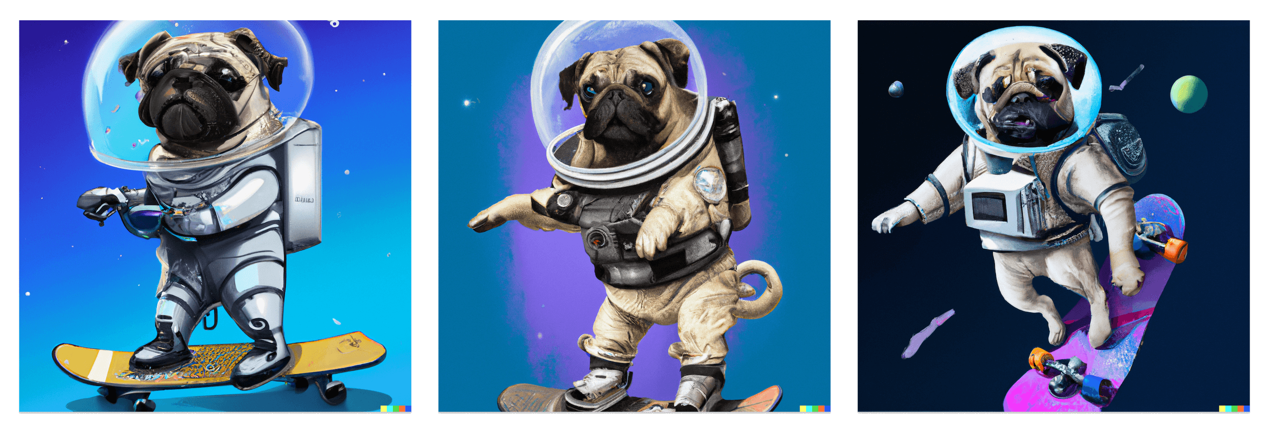 Three photos of a pug in an astronaut suit and helmet, riding on a skateboard, in various scenes with starts and planets in the background