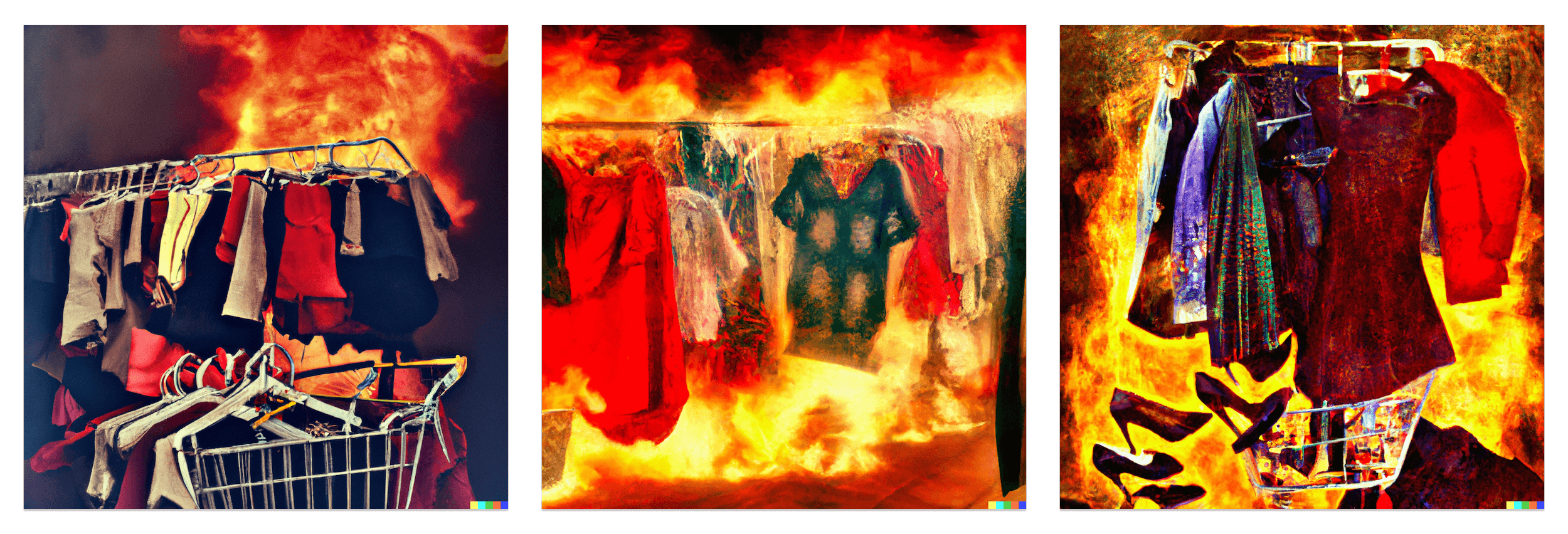 Three photos of racks of clothes surrounded by flames