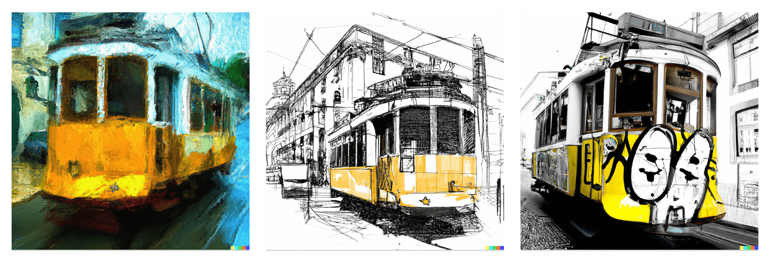 Three photos of the iconic yellow trams from the streets of Lisbon, in varying art styles